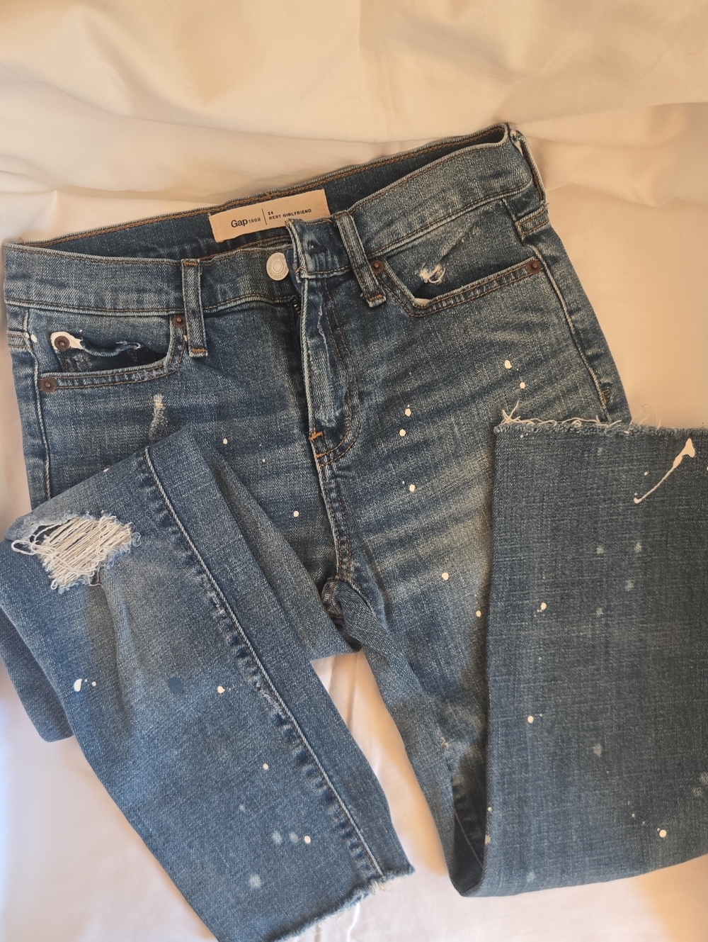 GAP Women's Straight Leg Blue Distressed Jeans with Paint Splatter